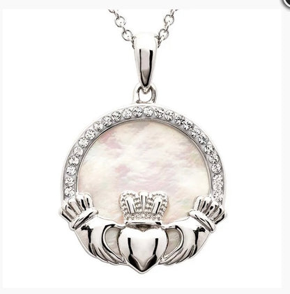 Shanore Sterling Silver Mother of Pearl Irish Claddagh Medallion Pendant with White Crystals