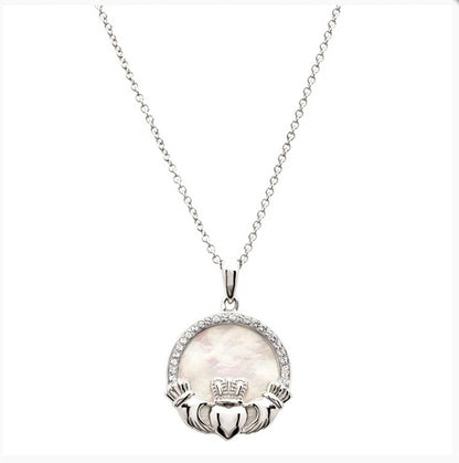 Shanore Sterling Silver Mother of Pearl Irish Claddagh Medallion Pendant with White Crystals