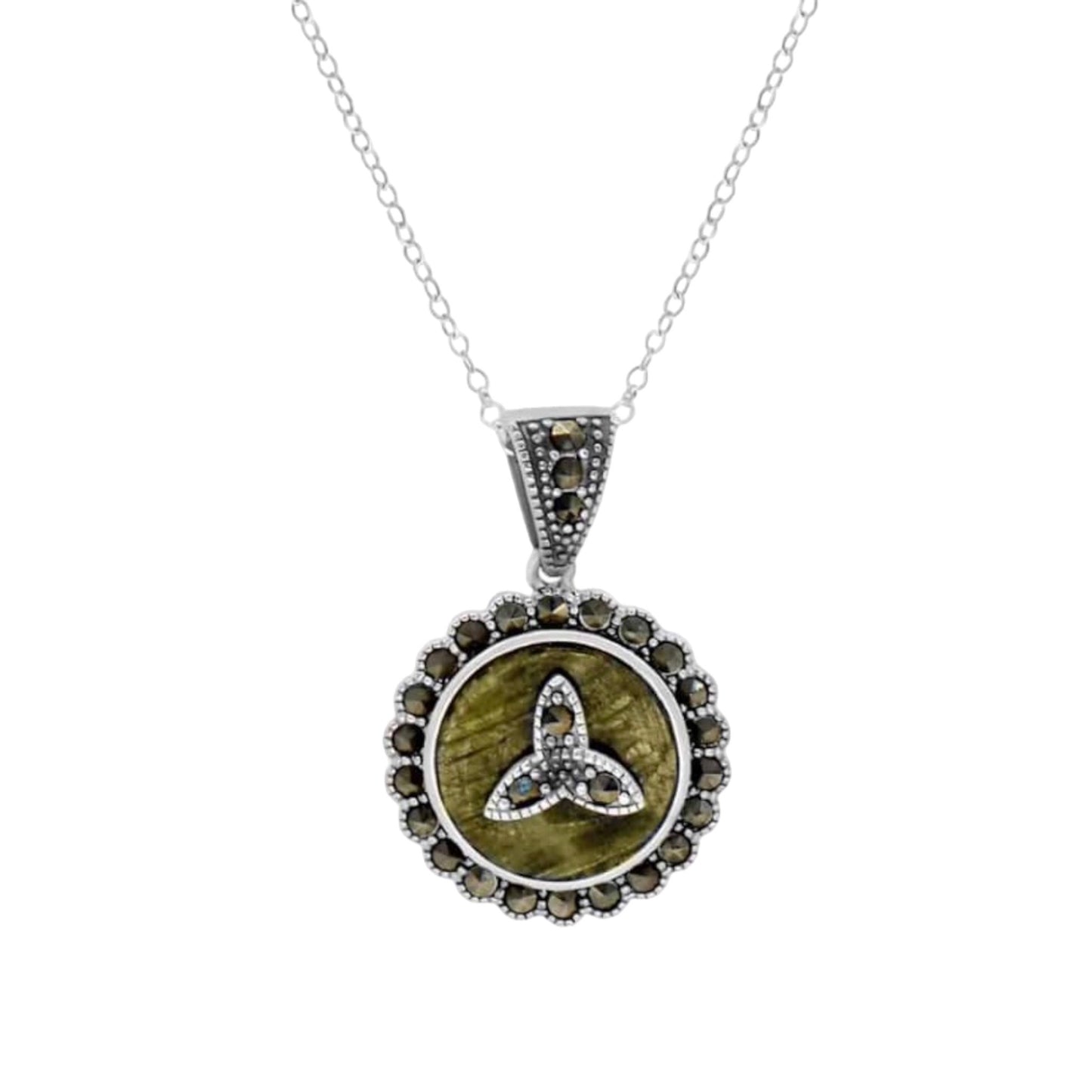 Connemara Jewelry Marcasite With Connemara Marble Trinity Knot Silver Pendant