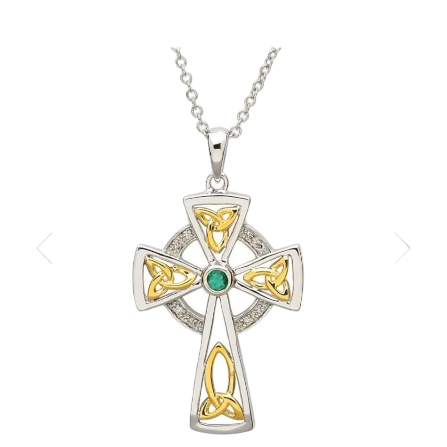 Trinity Knot Diamond & Emerald Silver Celtic Cross Pendant