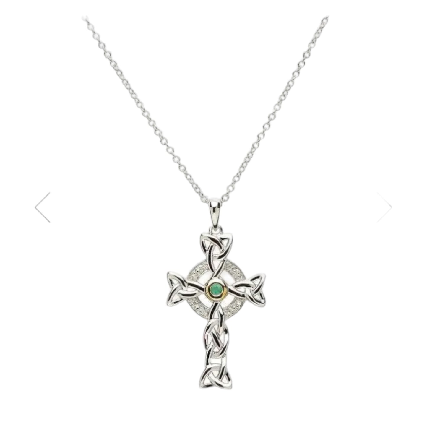 Trinity Knot Diamond & Emerald Silver Celtic Cross Necklace
