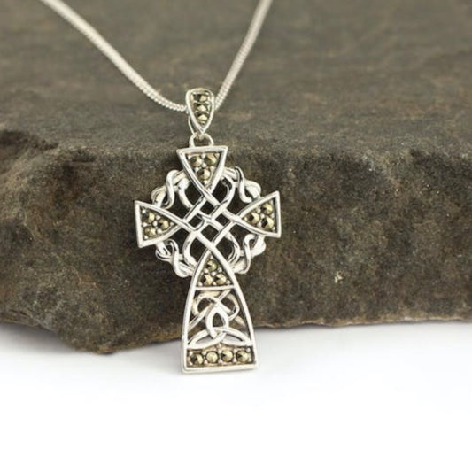Anu Silver Celtic Cross with Trinity Knot and Marcasite Stones