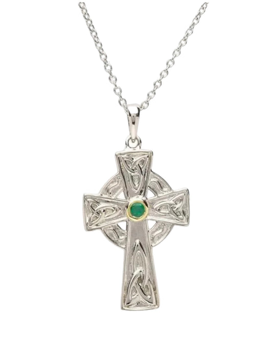 Shanore Emerald Set Sterling Silver Celtic Cross with Celtic Knot Design